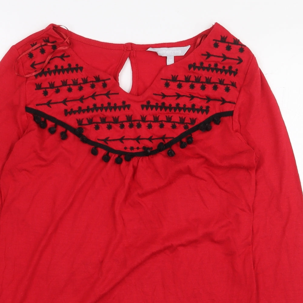 Red Herring Womens Red Geometric Polyester Basic T-Shirt Size 14 V-Neck - Pom Pom Trim