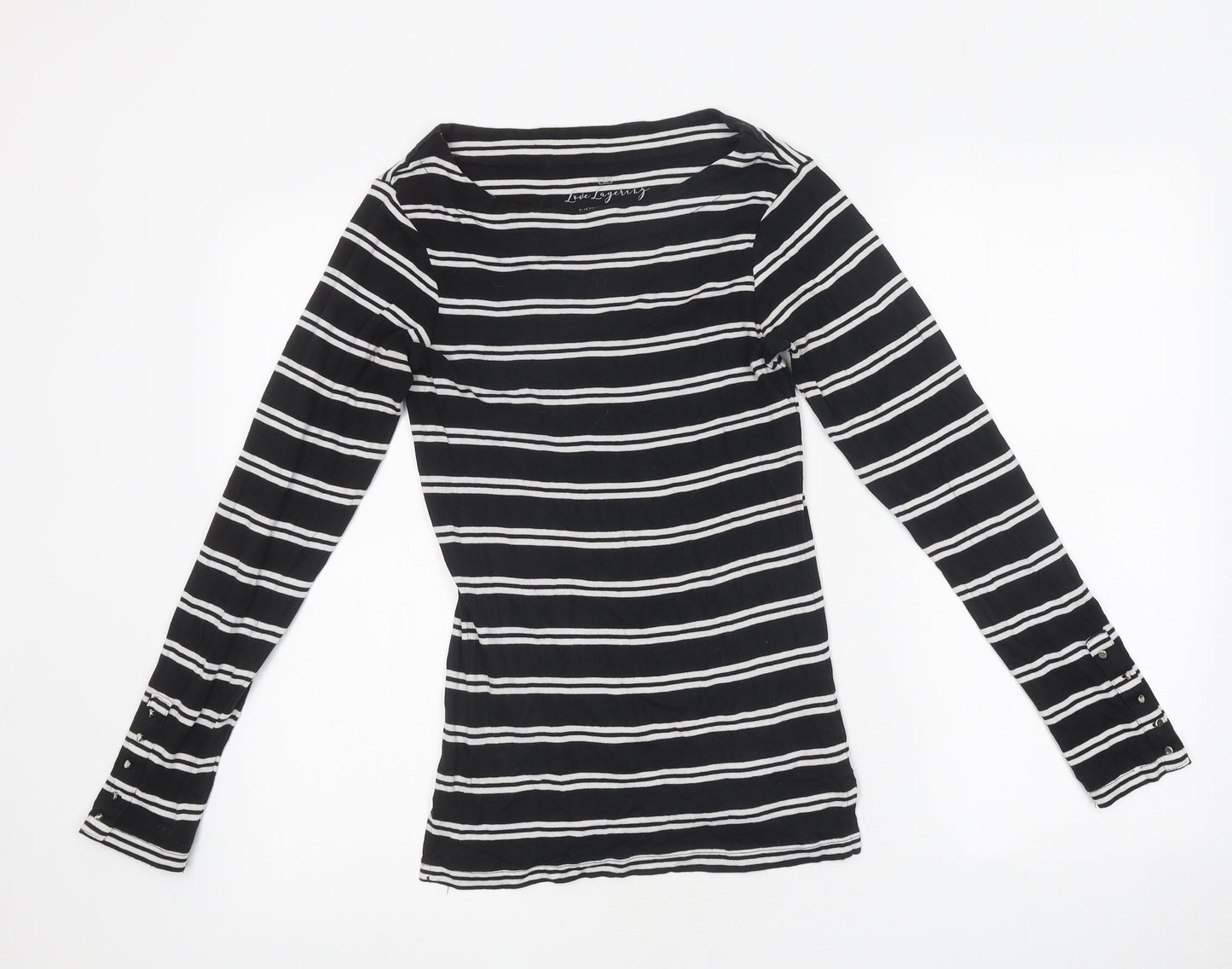 F&F Womens Black Striped Polyester Basic T-Shirt Size 10 Round Neck
