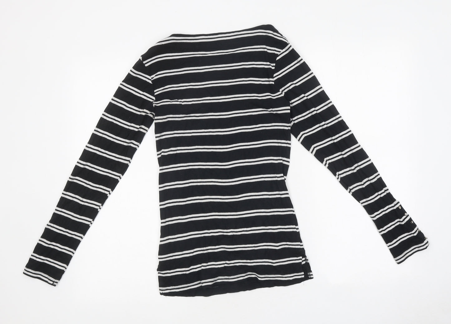 F&F Womens Black Striped Polyester Basic T-Shirt Size 10 Round Neck