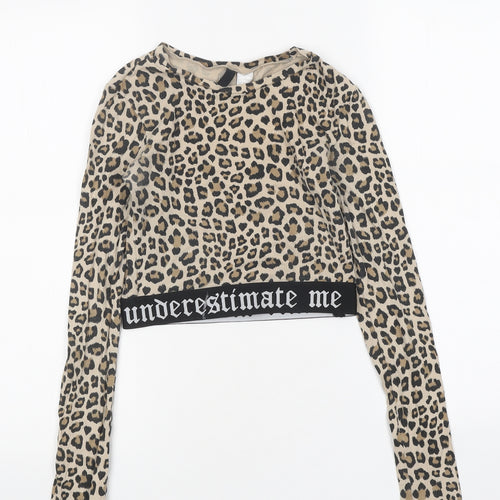 H&M Womens Brown Animal Print Polyester Cropped T-Shirt Size XS Round Neck - Leopard Print