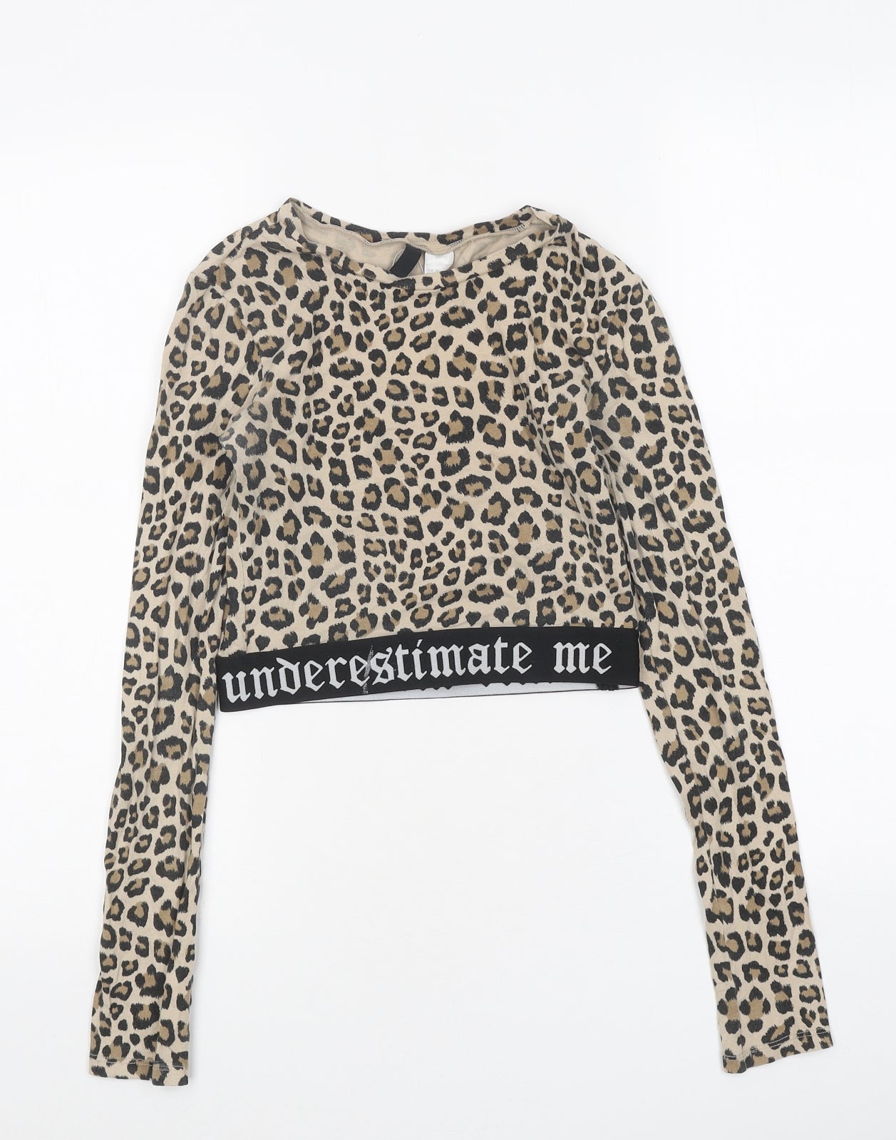 H&M Womens Brown Animal Print Polyester Cropped T-Shirt Size XS Round Neck - Leopard Print