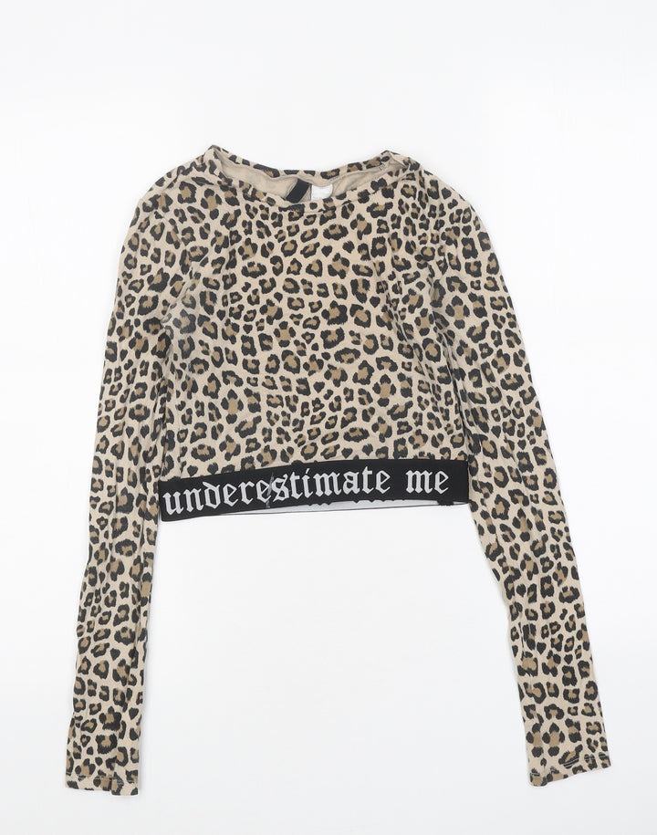 H&M Womens Brown Animal Print Polyester Cropped T-Shirt Size XS Round Neck - Leopard Print