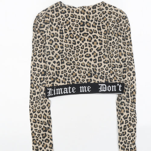 H&M Womens Brown Animal Print Polyester Cropped T-Shirt Size XS Round Neck - Leopard Print