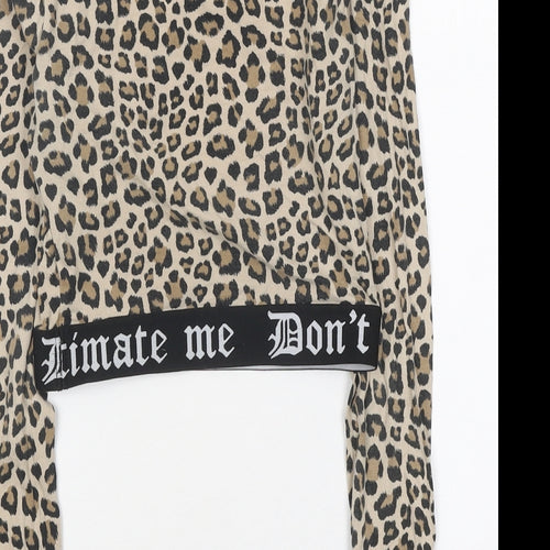 H&M Womens Brown Animal Print Polyester Cropped T-Shirt Size XS Round Neck - Leopard Print