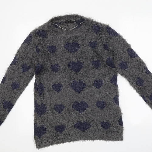 AKD-A-WEST Womens Grey Round Neck Geometric Polyester Pullover Jumper Size 12 - Heart Pattern