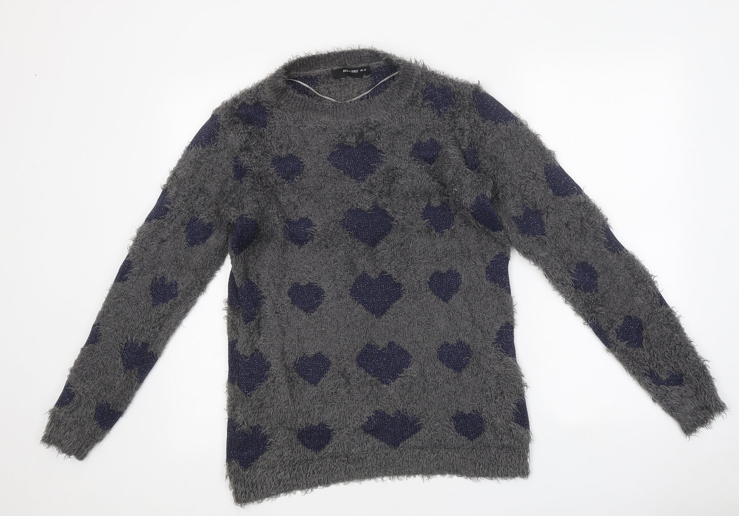 AKD-A-WEST Womens Grey Round Neck Geometric Polyester Pullover Jumper Size 12 - Heart Pattern