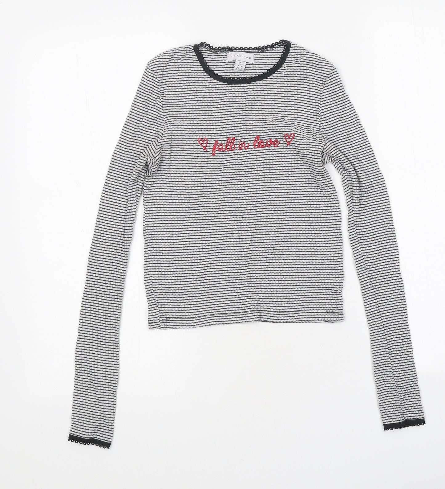 Topshop Womens White Striped Polyester Cropped T-Shirt Size 8 Round Neck - Love