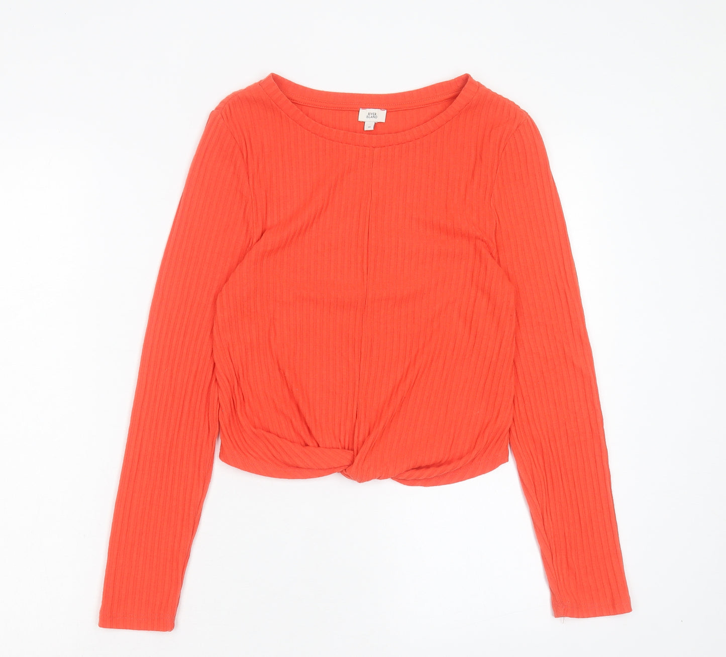 River Island Womens Orange Polyester Cropped T-Shirt Size 14 Crew Neck - Twist Front