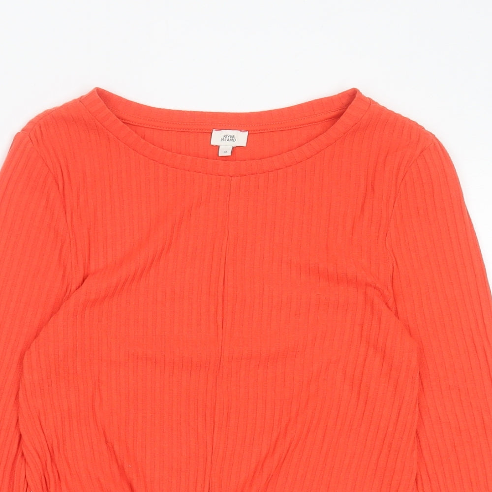 River Island Womens Orange Polyester Cropped T-Shirt Size 14 Crew Neck - Twist Front