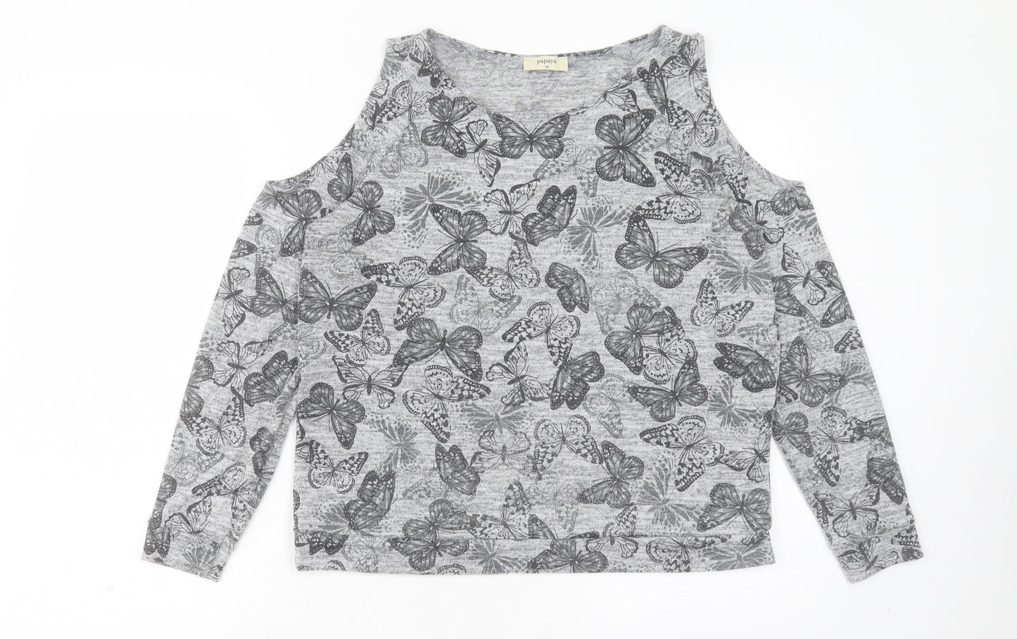 Papaya Womens Grey Geometric Polyester Basic T-Shirt Size 14 Boat Neck - Butterfly Print