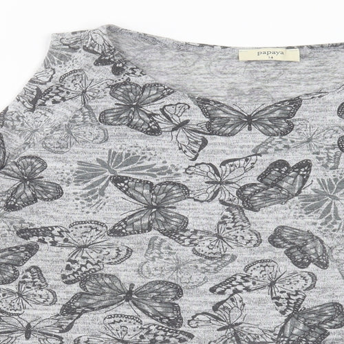 Papaya Womens Grey Geometric Polyester Basic T-Shirt Size 14 Boat Neck - Butterfly Print