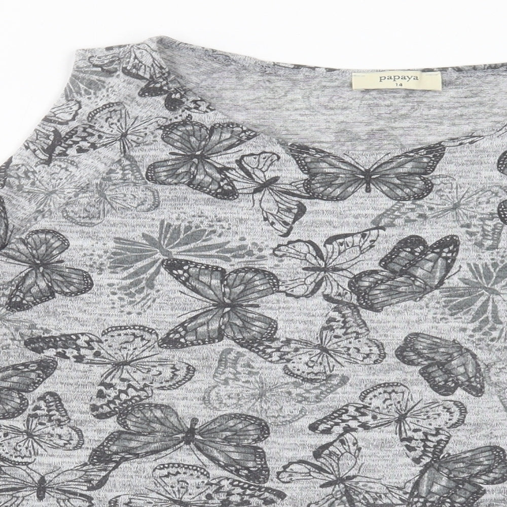 Papaya Womens Grey Geometric Polyester Basic T-Shirt Size 14 Boat Neck - Butterfly Print
