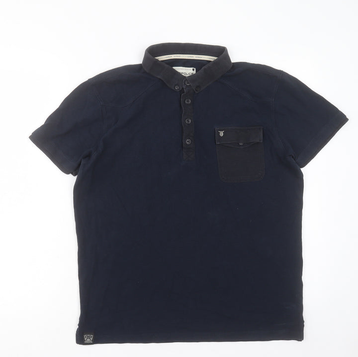 883 Police Mens Blue Cotton Polo Size S Collared Button