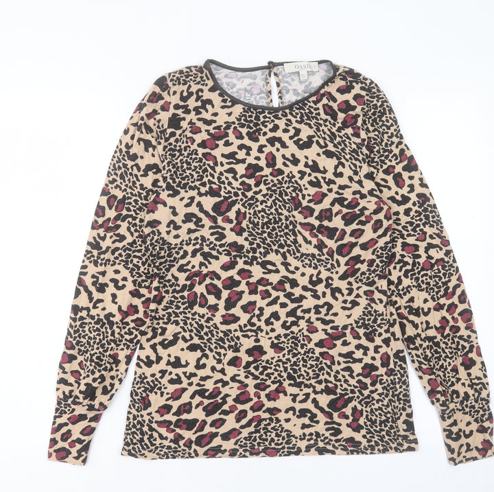 Oasis Womens Brown Animal Print Viscose Basic T-Shirt Size M Crew Neck