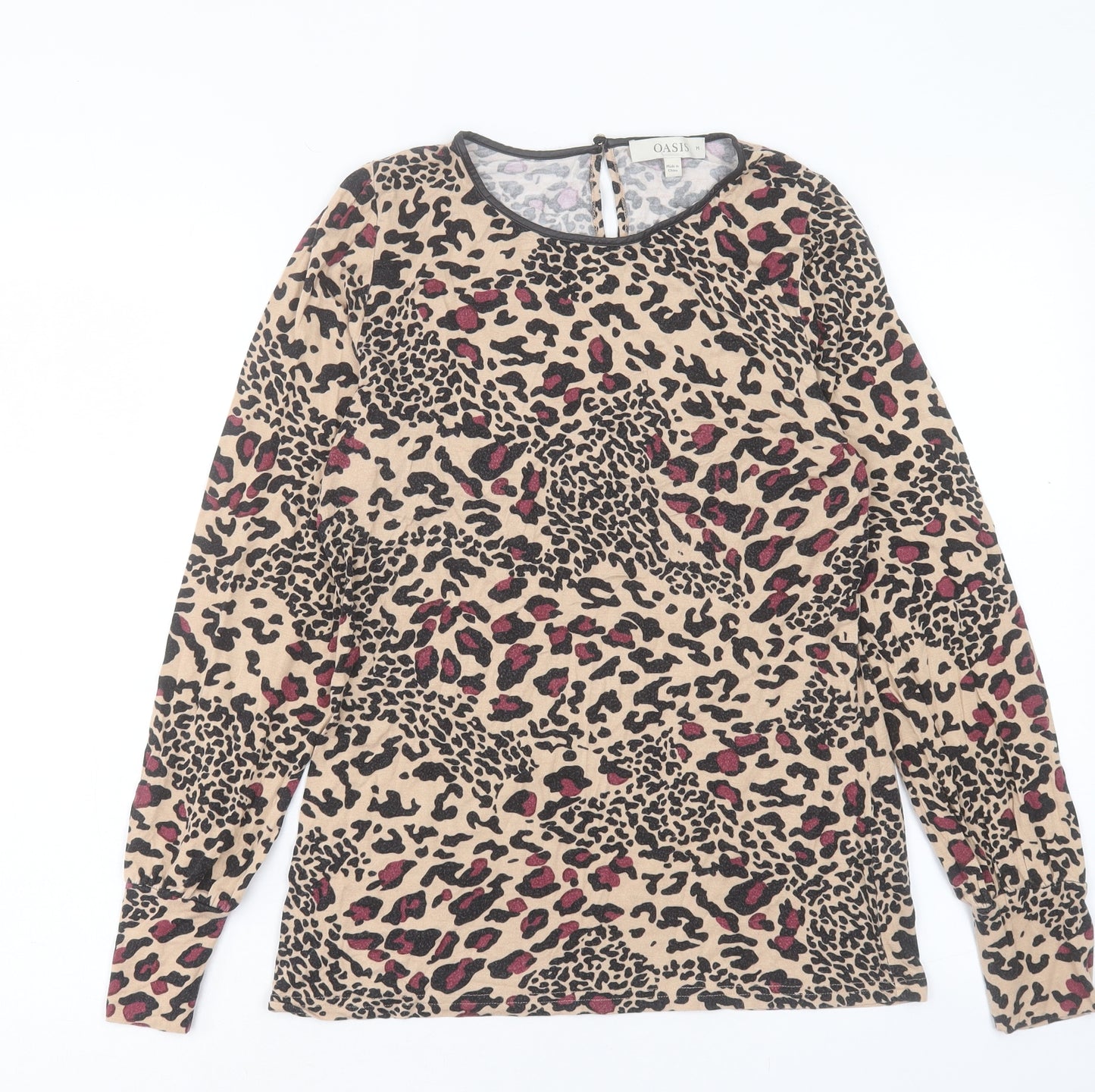 Oasis Womens Brown Animal Print Viscose Basic T-Shirt Size M Crew Neck