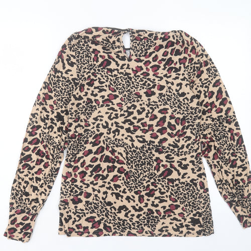 Oasis Womens Brown Animal Print Viscose Basic T-Shirt Size M Crew Neck