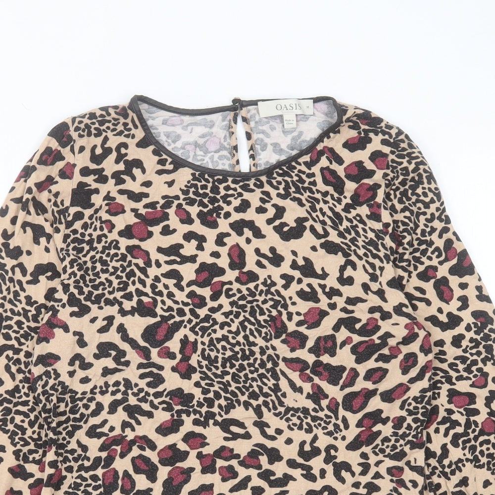 Oasis Womens Brown Animal Print Viscose Basic T-Shirt Size M Crew Neck