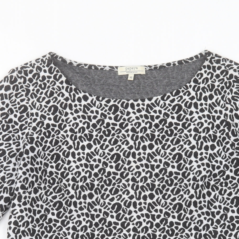 Papaya Womens White Animal Print Polyester Basic T-Shirt Size 16 Crew Neck