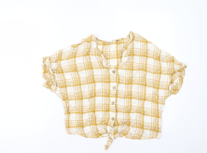 New Look Womens Yellow Plaid Viscose Basic Button-Up Size 14 V-Neck - Tie At Front