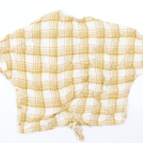 New Look Womens Yellow Plaid Viscose Basic Button-Up Size 14 V-Neck - Tie At Front