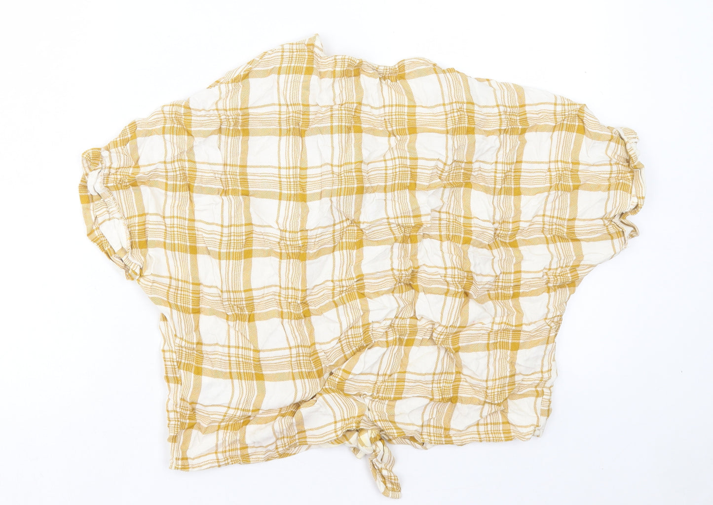New Look Womens Yellow Plaid Viscose Basic Button-Up Size 14 V-Neck - Tie At Front