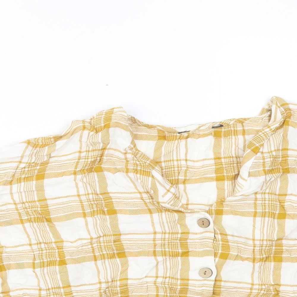 New Look Womens Yellow Plaid Viscose Basic Button-Up Size 14 V-Neck - Tie At Front
