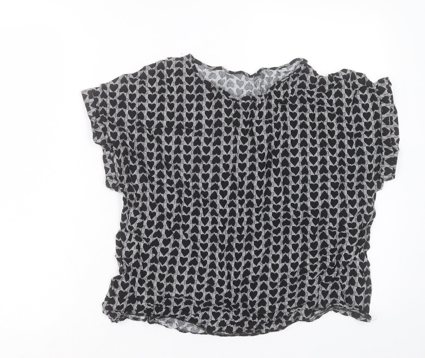 Primark Womens Black Geometric Viscose Basic T-Shirt Size 16 Crew Neck - Heart Pattern