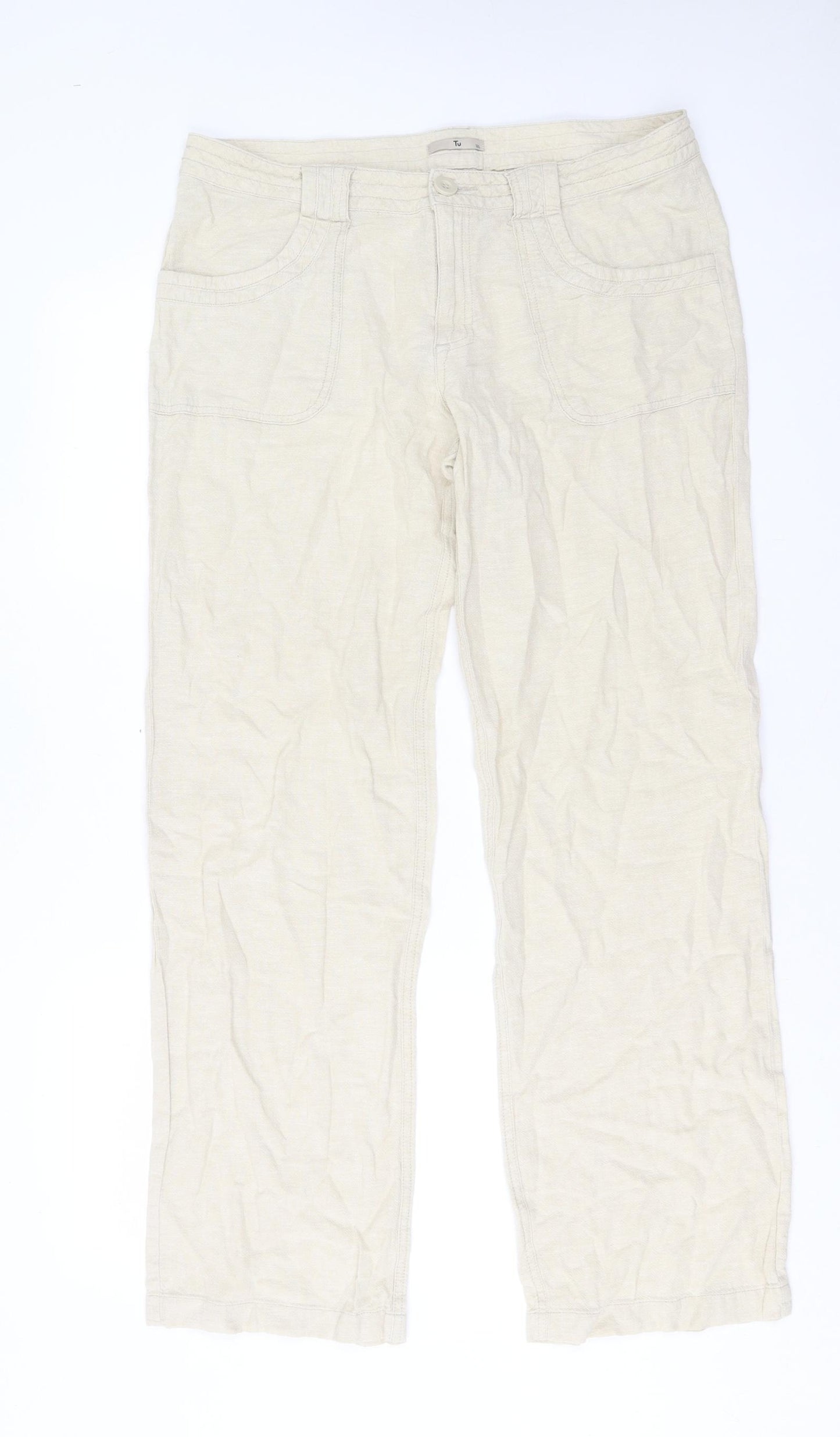 TU Womens Beige Linen Trousers Size 12 L32 in Regular Button