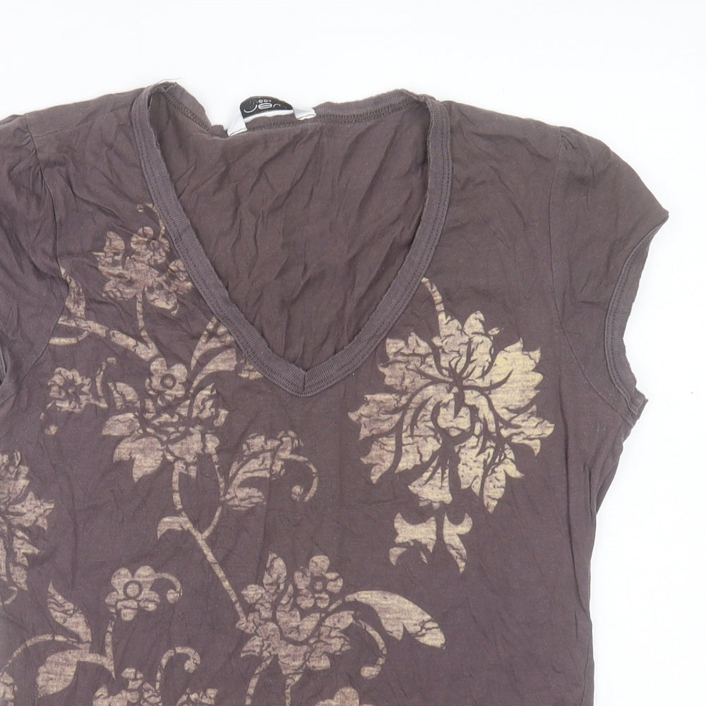 New Look Womens Purple Geometric Cotton Basic T-Shirt Size 12 V-Neck