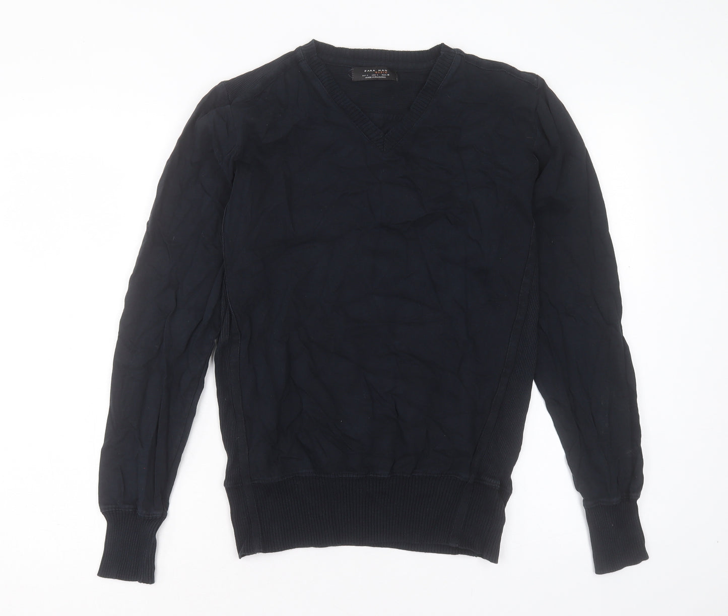 Zara Mens Black V-Neck Cotton Pullover Jumper Size L