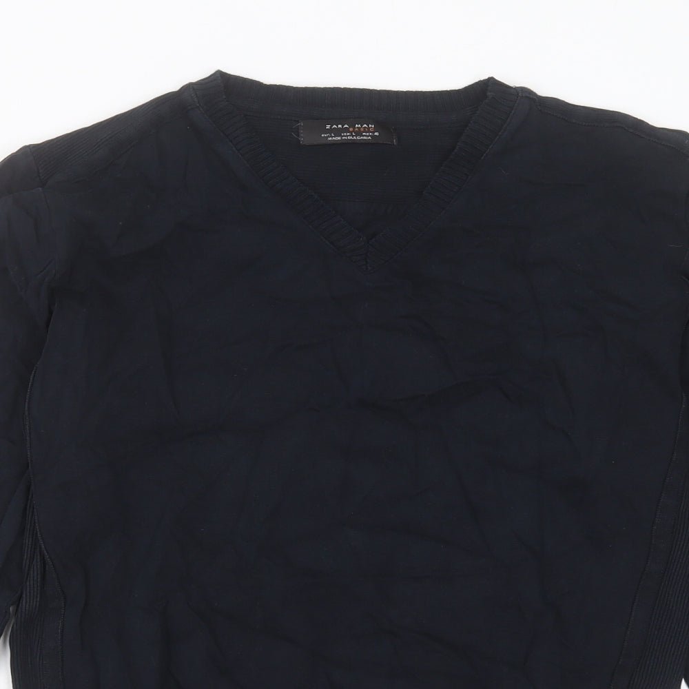 Zara Mens Black V-Neck Cotton Pullover Jumper Size L