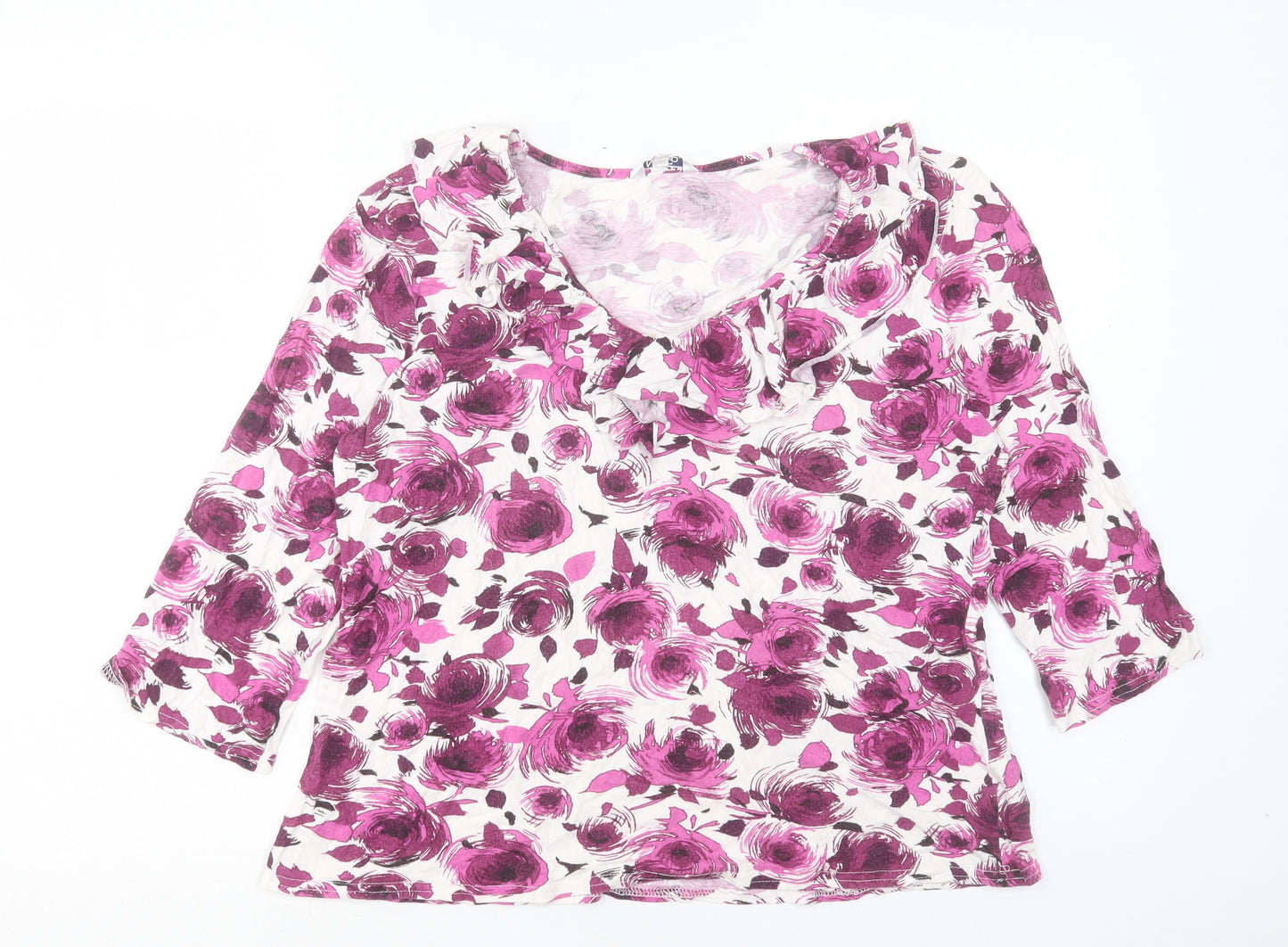 M&Co Womens Purple Floral Viscose Basic T-Shirt Size 20 V-Neck