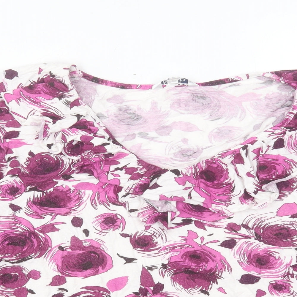 M&Co Womens Purple Floral Viscose Basic T-Shirt Size 20 V-Neck