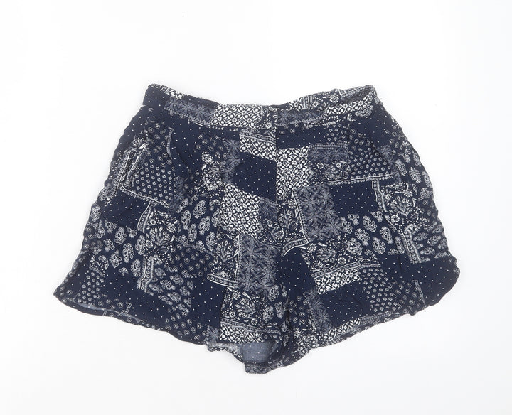 Topshop Womens Blue Geometric Viscose Boyfriend Shorts Size 10 L3 in Regular Hook & Eye