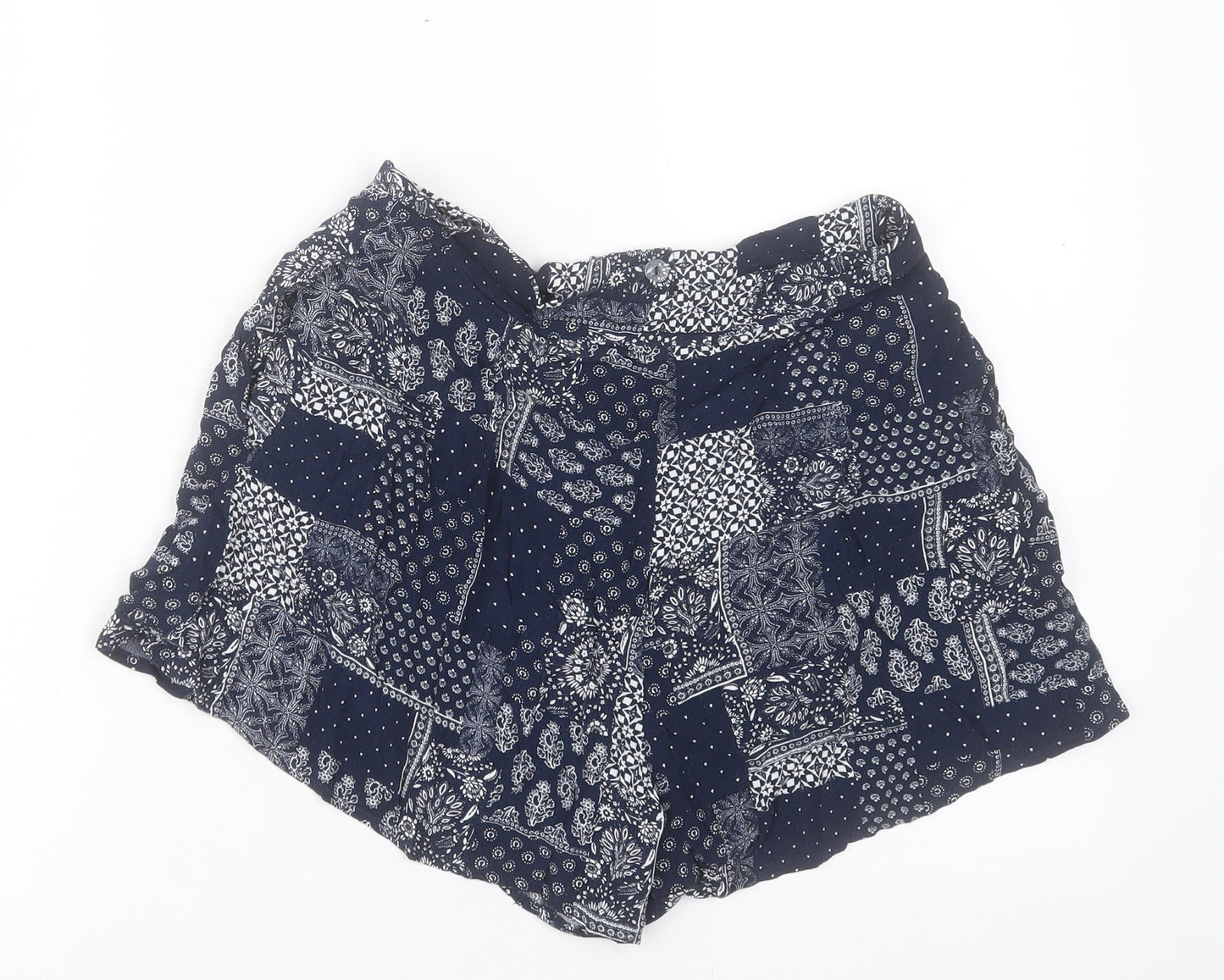 Topshop Womens Blue Geometric Viscose Boyfriend Shorts Size 10 L3 in Regular Hook & Eye