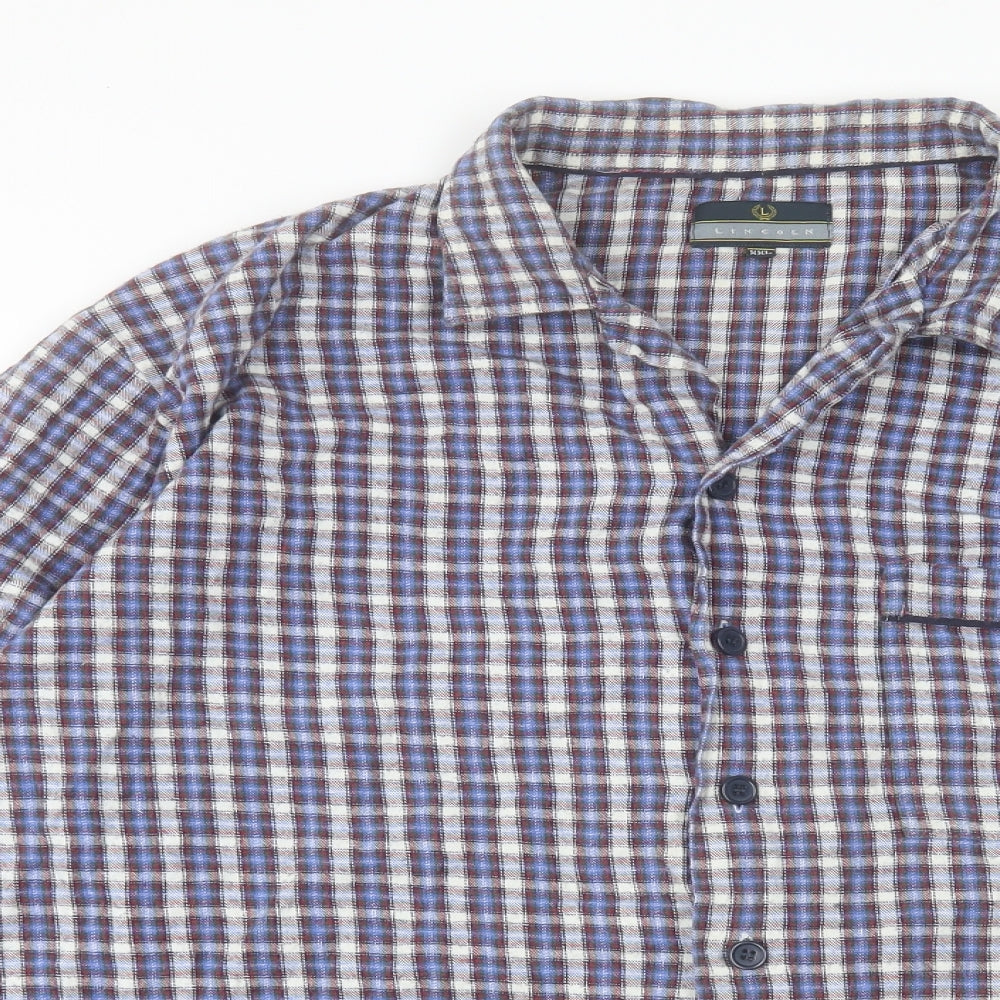 Lincoln Mens Blue Plaid Cotton Button-Up Size 2XL Collared Button - Pocket Detail