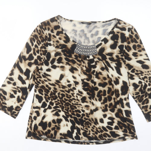 Roman Womens Brown Animal Print Polyester Basic T-Shirt Size 14 Scoop Neck