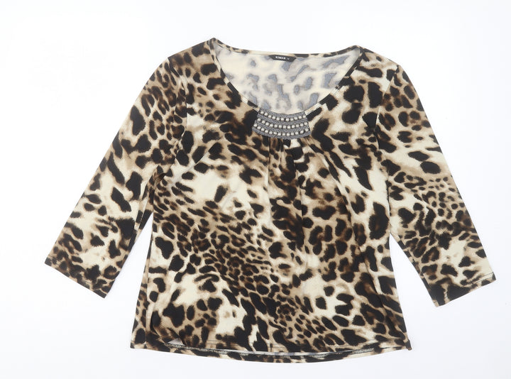 Roman Womens Brown Animal Print Polyester Basic T-Shirt Size 14 Scoop Neck