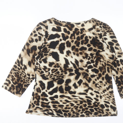 Roman Womens Brown Animal Print Polyester Basic T-Shirt Size 14 Scoop Neck