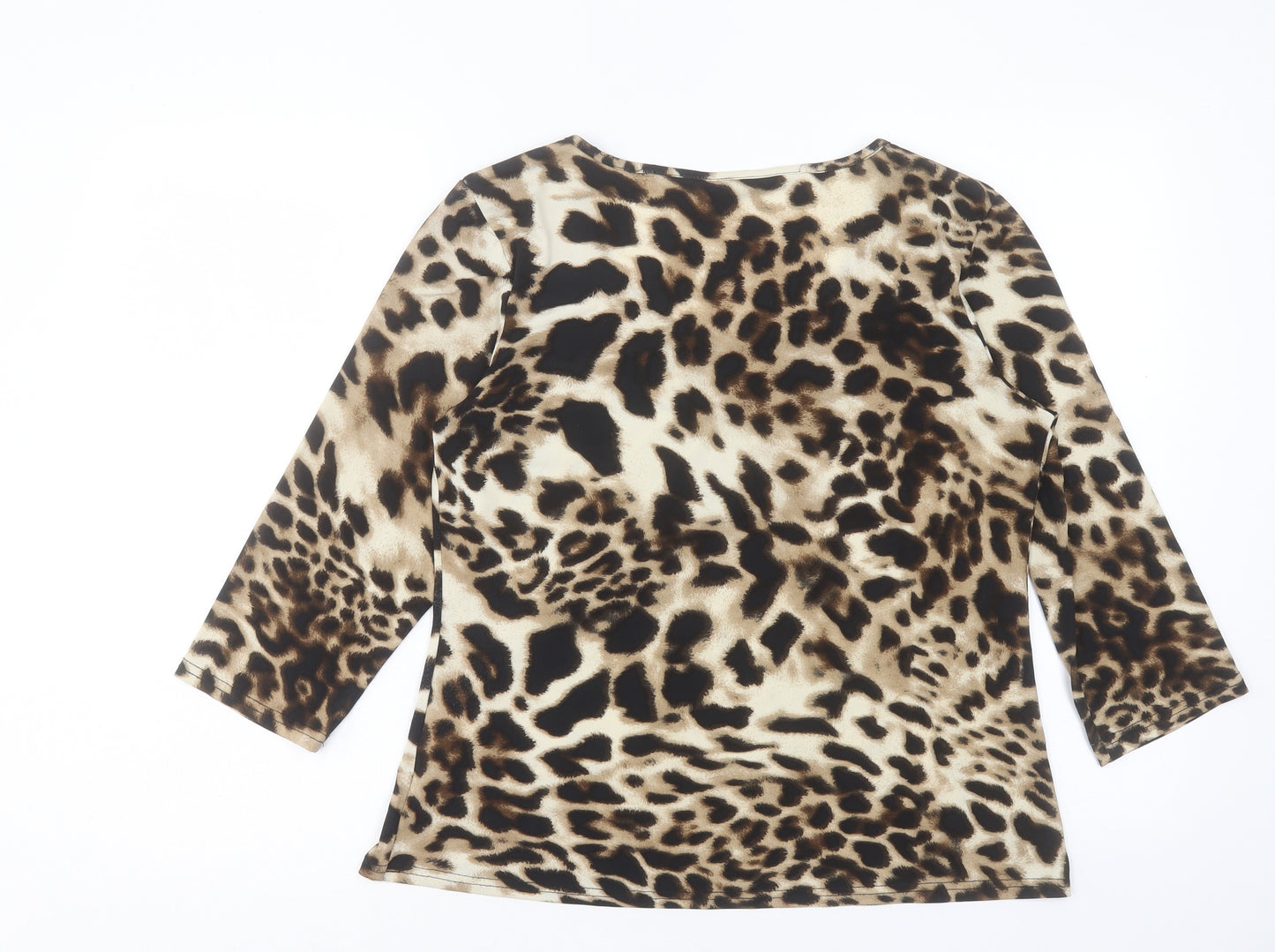 Roman Womens Brown Animal Print Polyester Basic T-Shirt Size 14 Scoop Neck