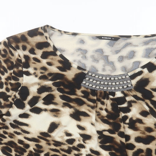Roman Womens Brown Animal Print Polyester Basic T-Shirt Size 14 Scoop Neck