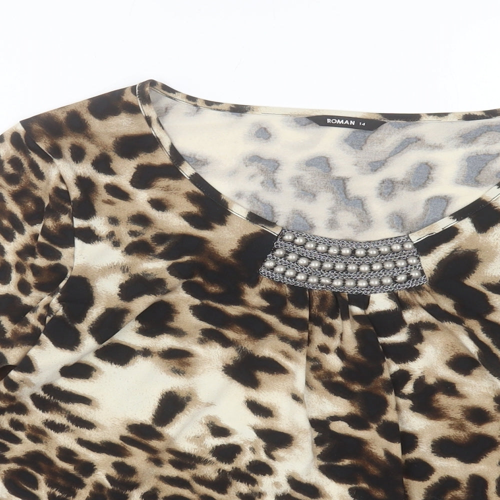 Roman Womens Brown Animal Print Polyester Basic T-Shirt Size 14 Scoop Neck