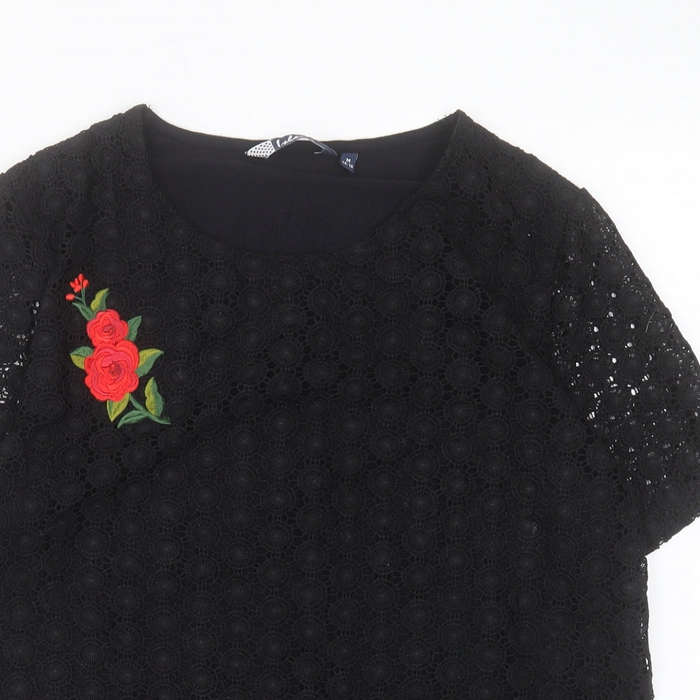 Ble Womens Black Floral Polyester Basic T-Shirt Size M Crew Neck - Size 14-16