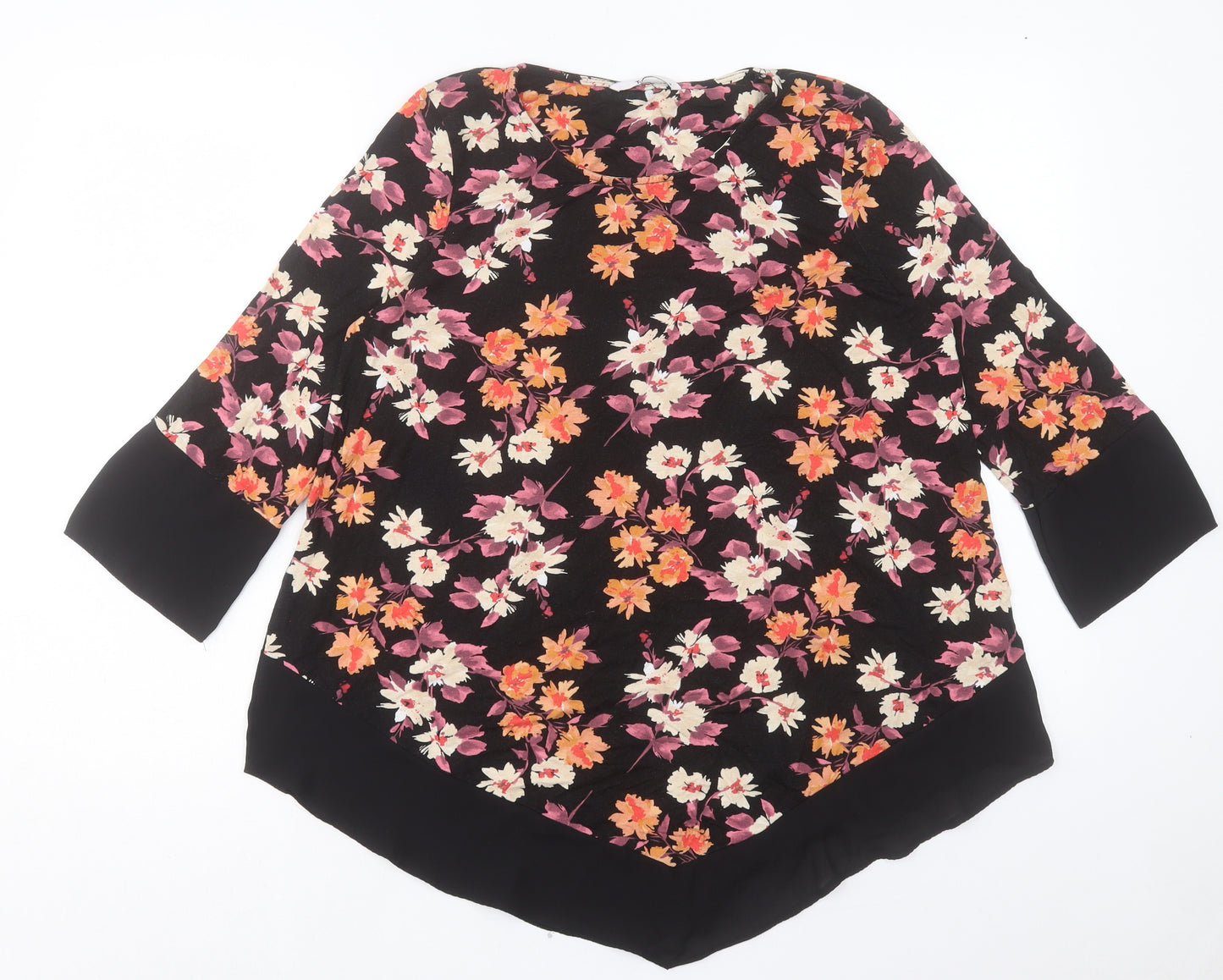 TU Womens Black Floral Viscose Basic T-Shirt Size 14 Crew Neck