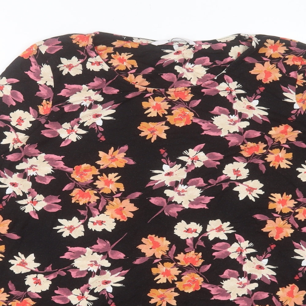 TU Womens Black Floral Viscose Basic T-Shirt Size 14 Crew Neck