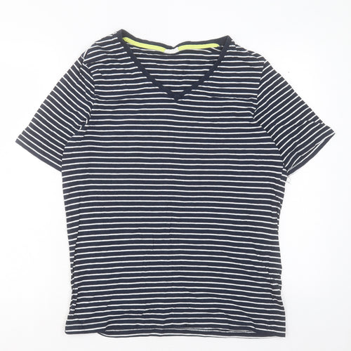 Avenue Womens Blue Striped Cotton Basic T-Shirt Size S V-Neck