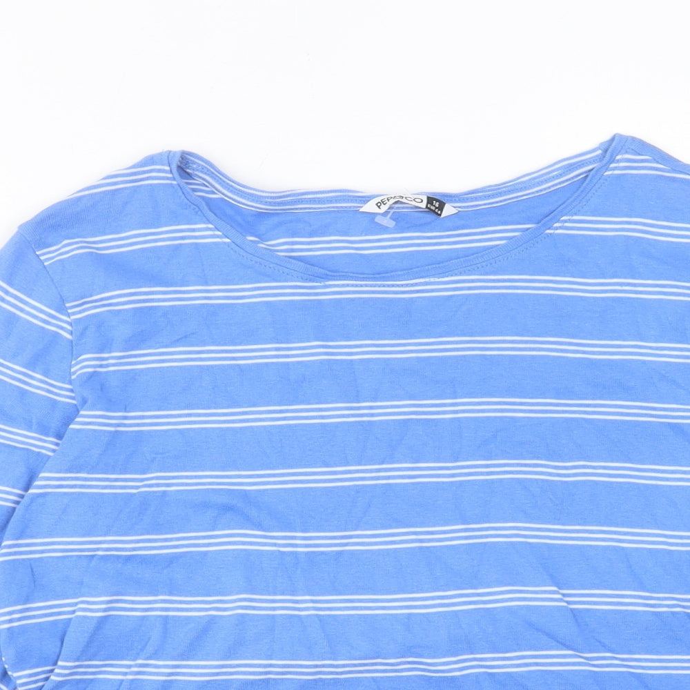 Pep&co Womens Blue Striped Cotton Basic T-Shirt Size 16 Crew Neck