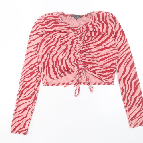 Primark Womens Pink Animal Print Cotton Cropped T-Shirt Size M Crew Neck - Ruched Detail. Size 12-14