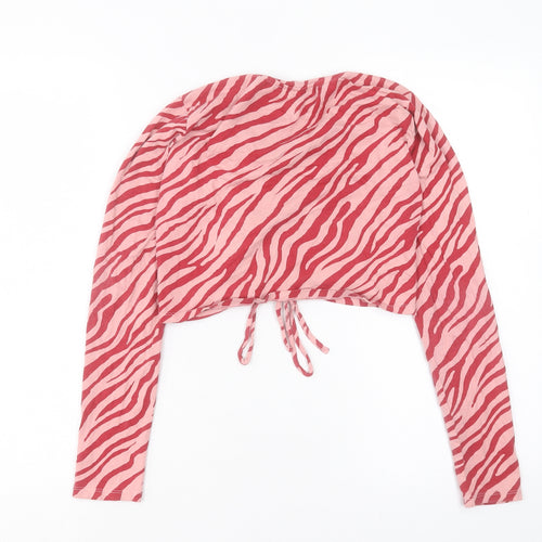 Primark Womens Pink Animal Print Cotton Cropped T-Shirt Size M Crew Neck - Ruched Detail. Size 12-14