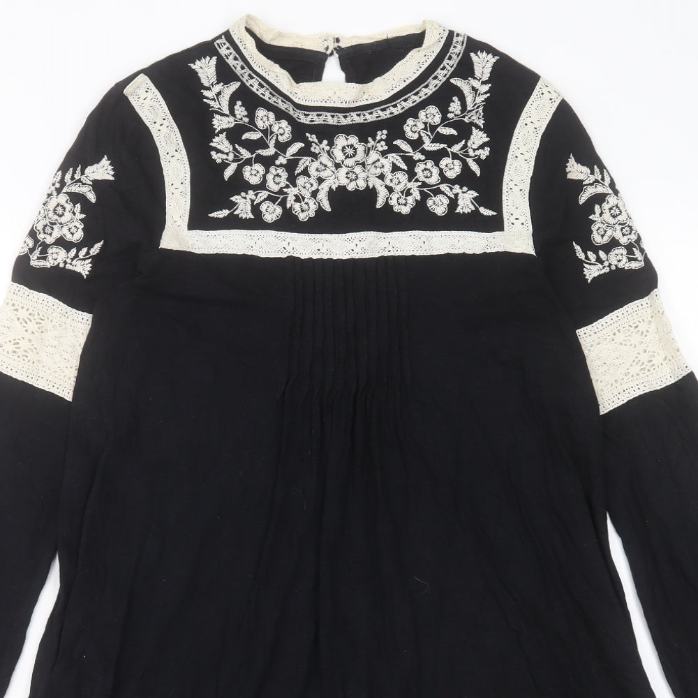 Topshop Womens Black Cotton A-Line Size 10 Crew Neck Button